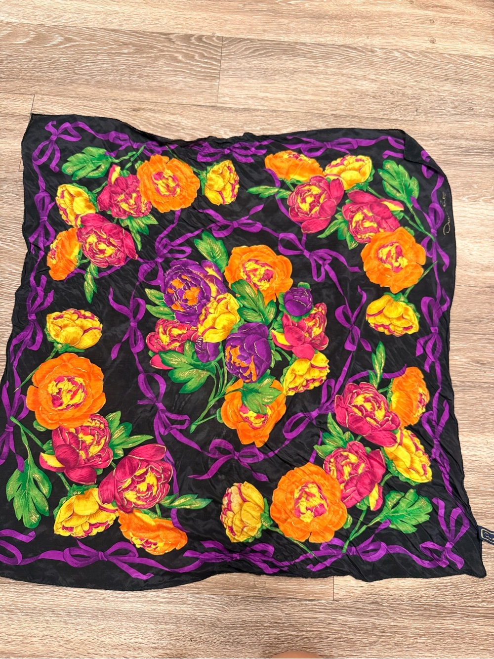 Bold Floral Silk Scarf - Black with Orange, Pink, Purple & Green